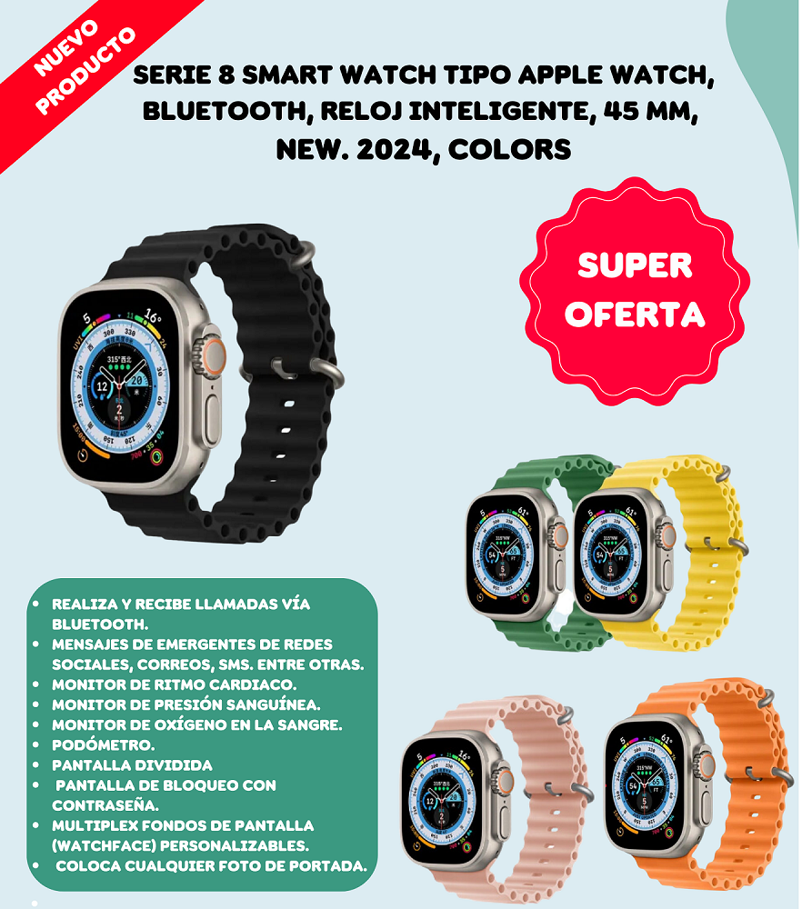 Series 8 Smart Watch Tipo Apple Watch Bluetooth, Reloj Inteligente, 45mm, New. 2024, Colors